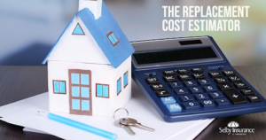 A calculator and home with text reading "The Replacement Cost Estimator."