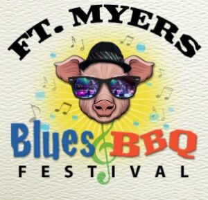 An illustrated pig wearing glasses bordered by confetti is centered around text reading "Ft. Myers Blues and BBQ Festival."
