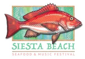 A red illustrated fish in front of a blue background with text beneath it reading "Siesta Beach Seafood and Music Festival."